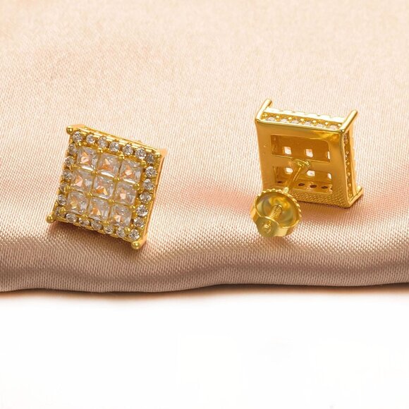 Gold Plated Zircon Stud Earrings for Men & Women - Elegant Cubic Zirconia Jewelr - Picture 5 of 5